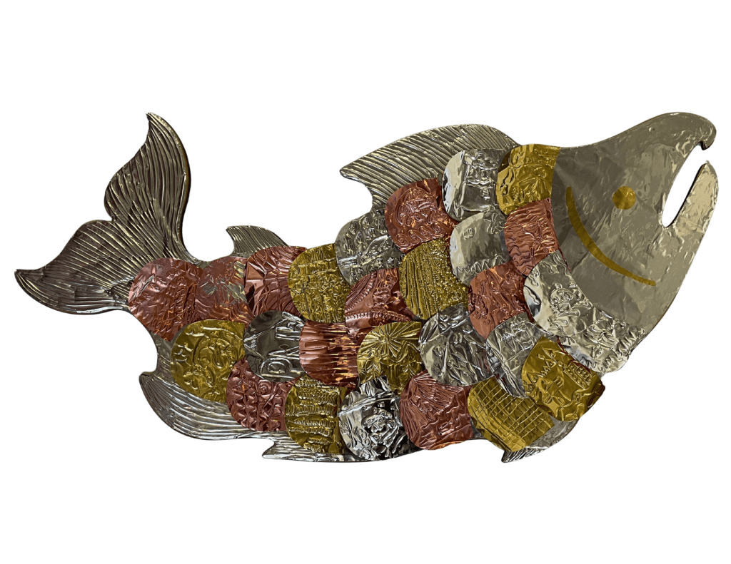 Salmon artwork- a salmon decorated with pieces of sturdy aluminum flashing, in a mixture of silver, copper, and gold pieces