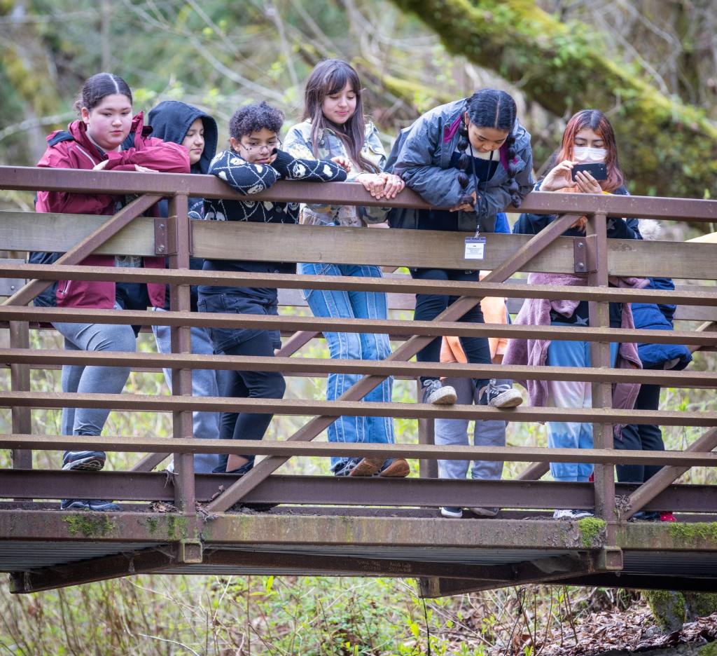 8/19 Students stand on a bridge overlooking Swan Creek, taking a moment to observe nature.