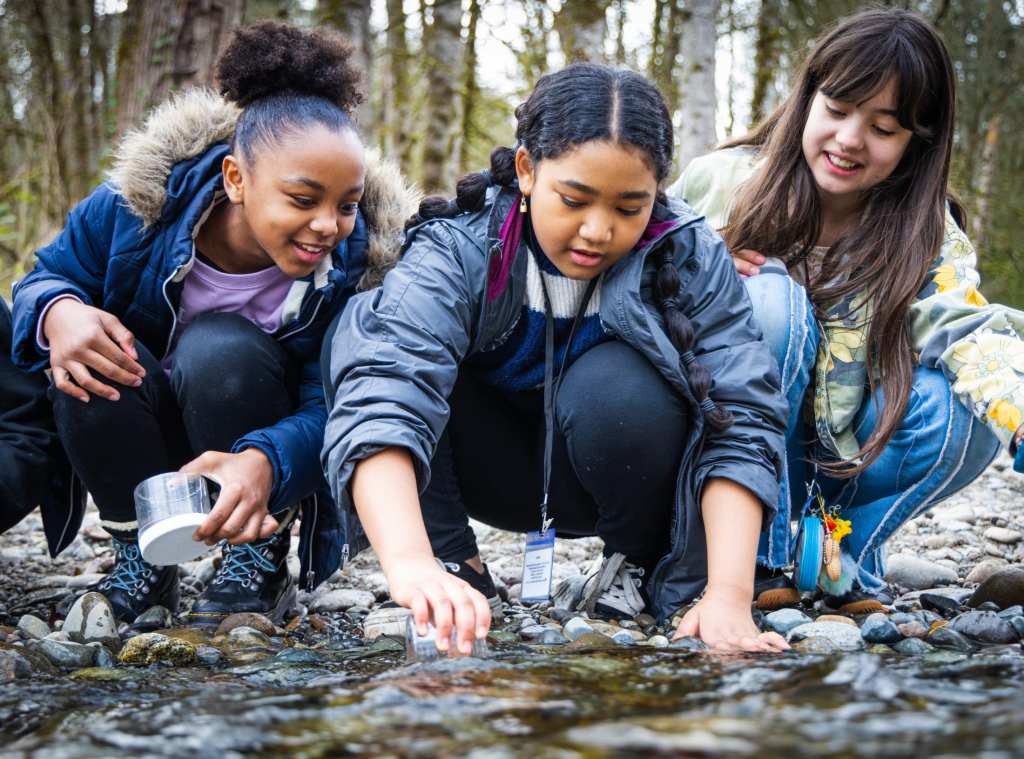 8/19 Three students release salmon fry into Swan Creek.