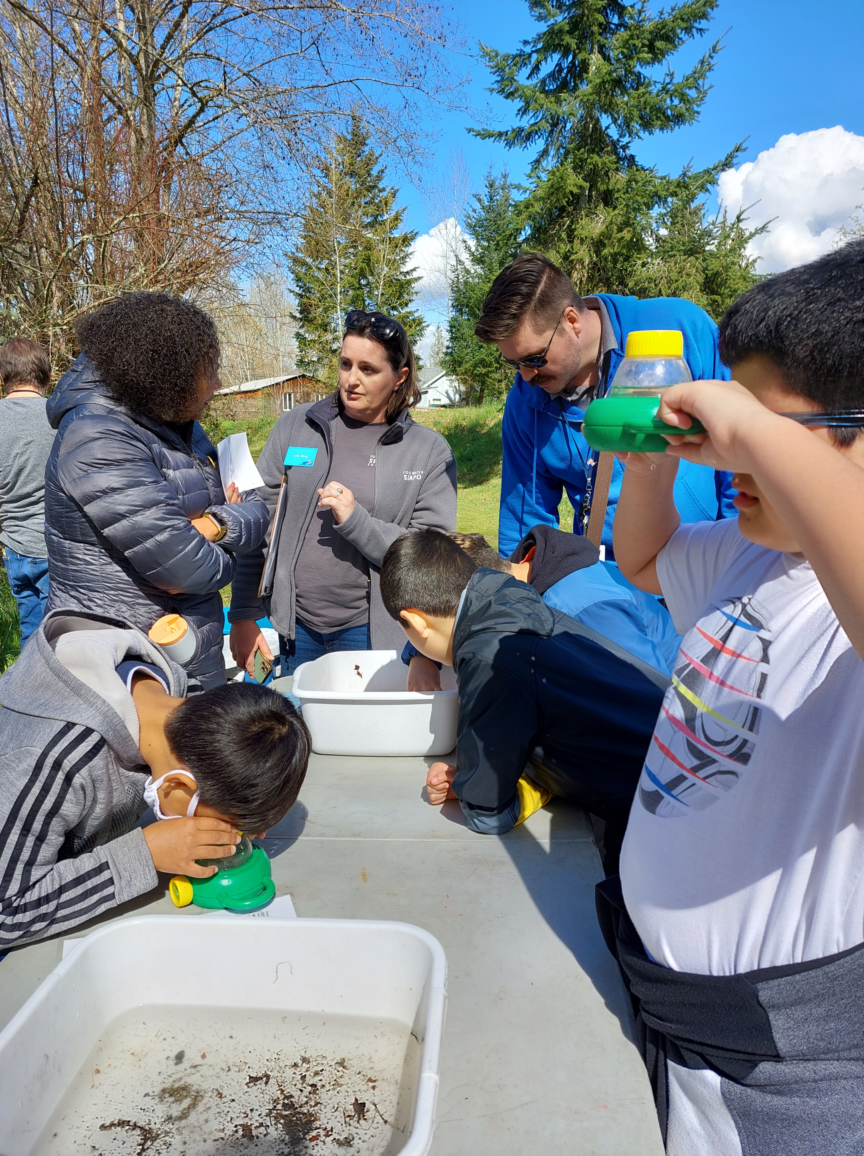 Students and adults gather around a table to view macroinvertebrates found in Swan Creek, and determine what they indicate for salmon habitat.